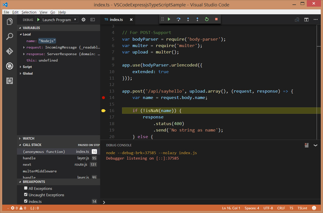 Debug the post request with Visual Studio Code